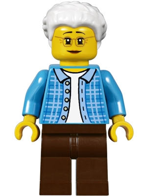 LEGO Grandma, Dark Azure Plaid Jacket with Collar, Dark Brown Legs and White Hair minifigure