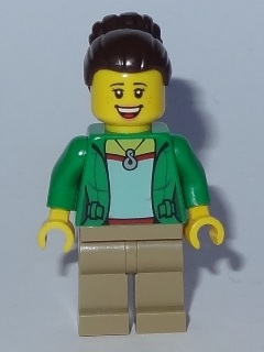 LEGO Mom - Green Female Jacket Open with Necklace, Dark Tan Legs, Dark Brown Hair Female Large High Bun minifigure