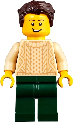 LEGO Man with Dark Brown Hair, Tan Sweater and Dark Green Legs minifigure