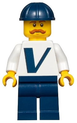 LEGO Male with Vestas Logo on Torso, Dark Blue Legs, Dark Blue Construction Helmet, Moustache minifigure