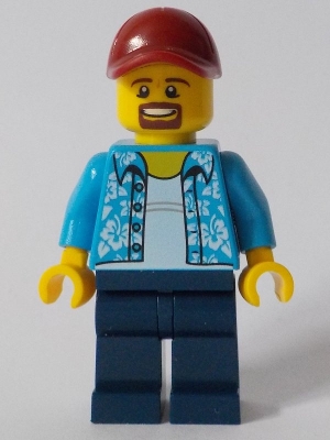 LEGO Man with Hawaiian Shirt, Dark Blue Legs, Dark Red Cap minifigure