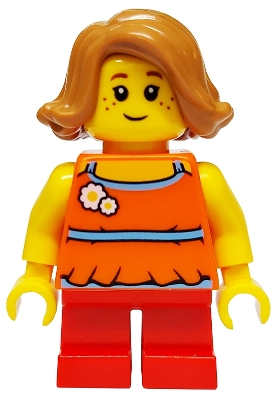 LEGO Child Girl with Medium Nougat Short Swept Sideways Hair and Red Short Legs, Covered Back minifigure