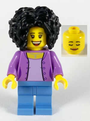 LEGO Female, Bushy Black Hair, Medium Lavender Jacket on Lavender Shirt, Medium Blue Legs minifigure