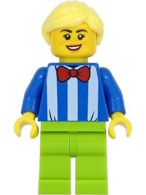 LEGO Fairground Worker - Female, White Stripes and Red Bow Tie, Lime Legs, Bright Light Yellow Hair minifigure