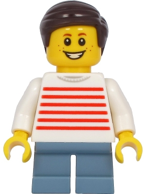 LEGO Boy - White Sweater with Red Horizontal Stripes, Sand Blue Short Legs, Dark Brown Hair minifigure