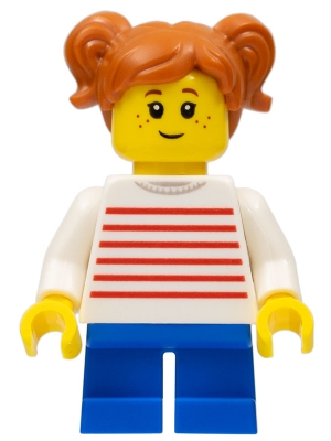 LEGO Girl with Dark Orange Two Pigtails Hair, White Sweater with Red Horizontal Stripes, Blue Short Legs minifigure