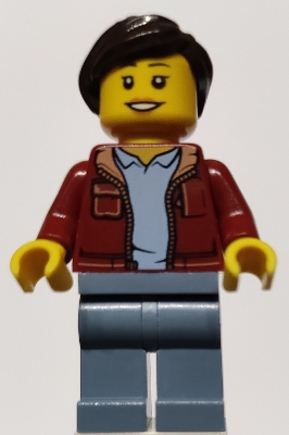 LEGO Woman, Dark Red Jacket with Bright Light Blue Shirt, Sand Blue Legs, Dark Brown Hair minifigure