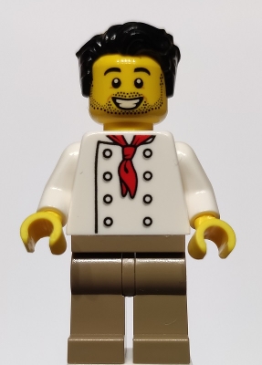 LEGO Chef - White Torso with 8 Buttons, No Wrinkles Front or Back, Dark Tan Legs, Black Hair minifigure