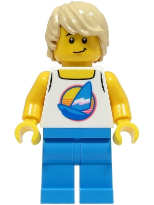 LEGO Beach Tourist - Male, White Tank Top with Dark Azure Sailboat, Dark Azure Legs, Tan Hair minifigure