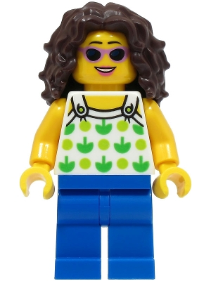 LEGO Beach Tourist - Female, White Top with Green Apples and Lime Dots, Blue Legs, Dark Brown Hair minifigure