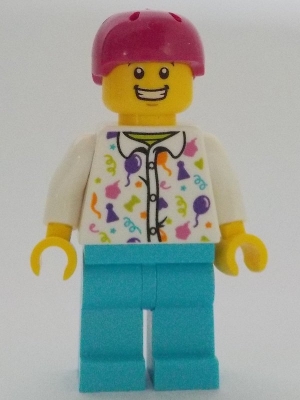 LEGO Man - White Party Shirt, Medium Azure Legs, Magenta Helmet minifigure