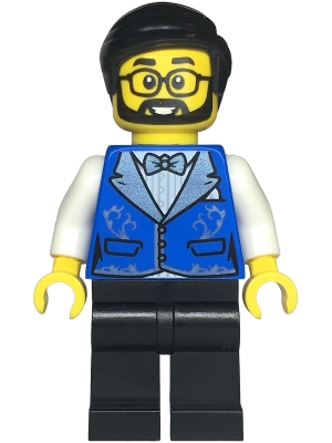 LEGO Hotel Receptionist - Male, Blue Vest with Metallic Light Blue Lapels, Black Legs, Black Hair, Beard and Glasses minifigure