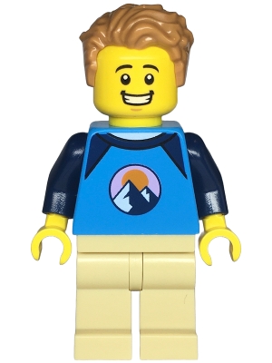 LEGO Wheelchair User - Male, Dark Azure and Dark Blue Shirt with Mountains, Tan Legs, Medium Nougat Tousled Hair minifigure