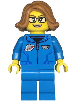 LEGO Space Scientist - Female, Dark Azure Jumpsuit, Medium Nougat Hair, Glasses, Open Mouth Smile minifigure