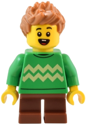 LEGO Child - Boy, Bright Green Sweater with Bright Light Yellow Zigzag Lines, Reddish Brown Short Legs, Medium Nougat Spiked Hair minifigure