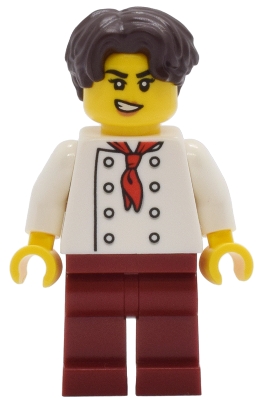 LEGO Tudor House Chef - White Torso with 8 Buttons, Dark Red Legs, Dark Brown Hair Wavy minifigure