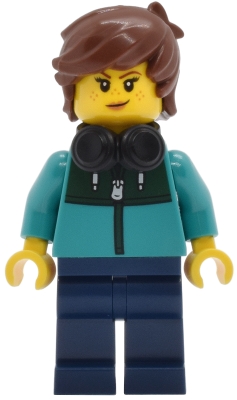 LEGO Tudor House Resident - Dark Turquoise Jacket with Dark Green Panel, Dark Blue Legs, Reddish Brown Hair Tousled, Black Headphones minifigure