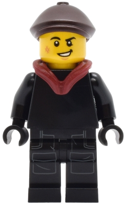 LEGO Tudor House Chimney Sweep - Black Torso and Legs with Dark Bluish Gray Pockets, Dark Brown Flat Cap, Dark Red Hood Folded Down minifigure