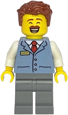 LEGO Shopping Street Shop Manager - Male, Sand Blue Shirt, Dark Bluish Gray Legs, Reddish Brown Hair minifigure