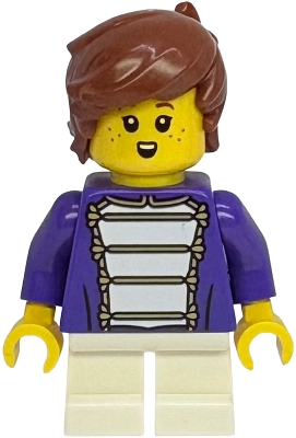 LEGO Shopping Street Child - Boy, Dark Purple Marching Band Jacket, White Short Legs, Reddish Brown Hair minifigure