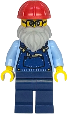 LEGO Shopping Street Plumber - Male, Bright Light Blue Shirt, Dark Blue Overalls and Legs, Red Construction Helmet minifigure