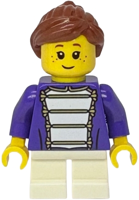 LEGO Shopping Street Child - Girl, Dark Purple Marching Band Jacket, White Short Legs, Reddish Brown Hair minifigure