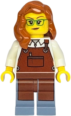 LEGO Shopping Street Carpenter - Female, White Shirt, Reddish Brown Apron, Sand Blue Legs, Dark Orange Hair minifigure