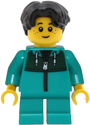 LEGO Child - Boy, Dark Turquoise Jacket with Dark Green Panel, Dark Turquoise Short Legs, Black Hair Wavy minifigure twn551