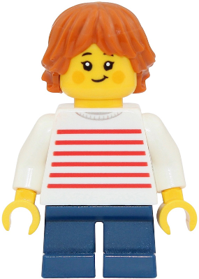 LEGO Child - Girl, White Sweater with Red Horizontal Stripes, Dark Blue Short Legs, Dark Orange Tousled and Layered Hair minifigure twn552
