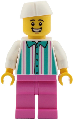 LEGO Food Vendor - Male, White Shirt with Dark Turquoise Stripes, Dark Pink Legs, White Butcher / Food Service Cap minifigure twn553