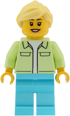 LEGO Ferris Wheel Operator - Female, Yellowish Green Jacket over White Shirt, Medium Azure Legs, Bright Light Yellow Hair Ponytail, Hearing Aid minifigure twn554