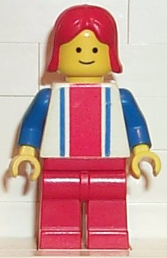 LEGO Vertical Lines Red & Blue - Blue Arms - Red Legs, Blue Arms, Red Female Hair minifigure