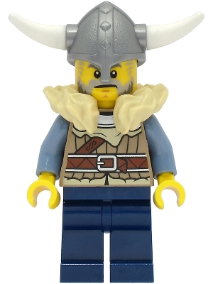 LEGO Viking Warrior - Male, Dark Tan Jacket with Tan Fur, Dark Blue Legs, Flat Silver Helmet minifigure