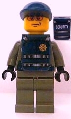 LEGO Police - Security Guard, Dark Gray Legs, Dark Blue Cap, Dark Blue Vest with Security and Badge Pattern (Stickers) minifigure