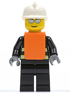 LEGO Fire - Reflective Stripes, Black Legs, White Fire Helmet, Silver Sunglasses, Orange Vest minifigure