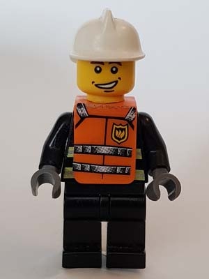 LEGO Reflective Stripes, Black Legs, White Fire Helmet, Smile, Orange Vest with Straps and Fire Logo and 'FIRE' Pattern (Stickers) minifigure