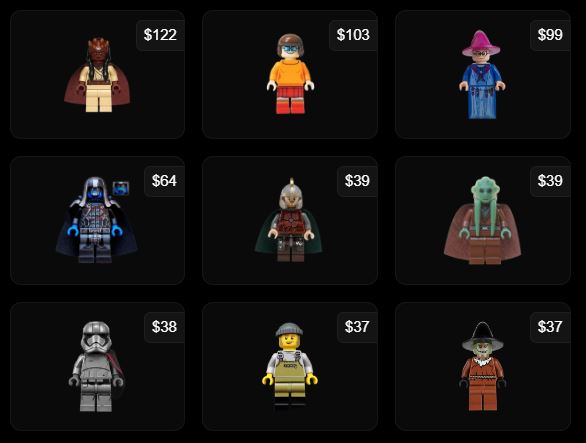 A 3 by 3 grid showing expensive LEGO minifigures