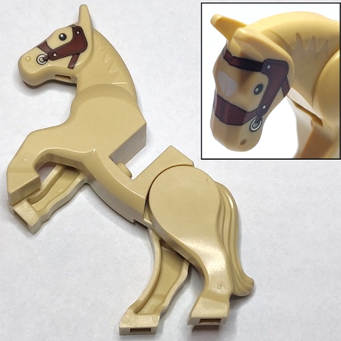 LEGO Horse, Movable Legs with Black Eyes, White Pupils, Reddish Brown Bridle and White Blaze Pattern piece