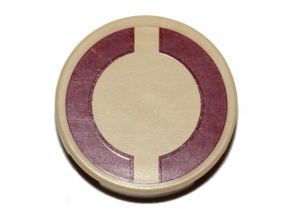 LEGO Tile, Round 2 x 2 with Bottom Stud Holder with Dark Red SW Semicircles on Tan Background Pattern (Sticker) - Sets 75043 / 75051 / 75234 piece