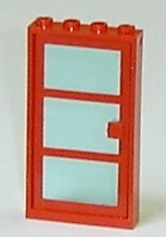 LEGO Door, Frame 1 x 4 x 6 with 4 Holes on Top and Bottom with Red Door 1 x 4 x 6 with 3 Panes with Trans-Light Blue Glass (30179 / x39c01) piece