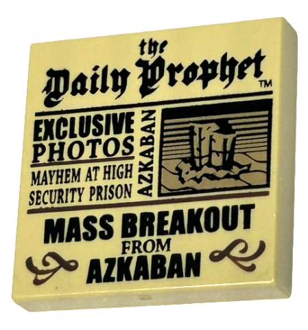 LEGO Tile 2 x 2 with Groove with Newspaper 'the Daily Prophet - EXCLUSIVE PHOTOS MAYHEM AT HIGH SECURITY PRISON MASS BREAKOUT FROM AZKABAN' Pattern piece
