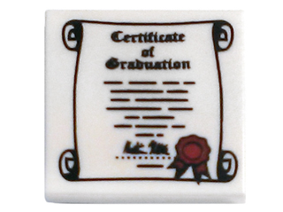 LEGO Tile 2 x 2 with Groove with 'Certificate of Graduation' and Red Ribbon on Scroll Pattern piece