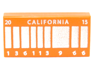 LEGO Tile 1 x 2 with Groove with Silver Stripes, 'CALIFORNIA', '20', '15' and '136113 9 66' Pattern piece
