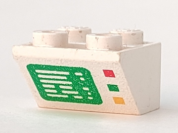 LEGO Slope, Inverted 45 2 x 2 with Flat Bottom Pin with Green Computer Screen on White Background, Red, Green, and Yellow Buttons on Right Side Pattern piece