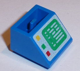 LEGO Slope, Inverted 45 2 x 2 with Flat Bottom Pin with Green Computer Screen on White Background, Red, Green, and Yellow Buttons on Right Side Pattern piece