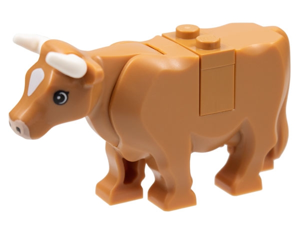 LEGO Cow with Light Nougat Muzzle and White Spot on Head Pattern with Short Horns (Plate on Top) piece