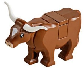 LEGO Cow with Light Nougat Muzzle and White Spot on Head Pattern with Long Horns (Tile on Top) piece