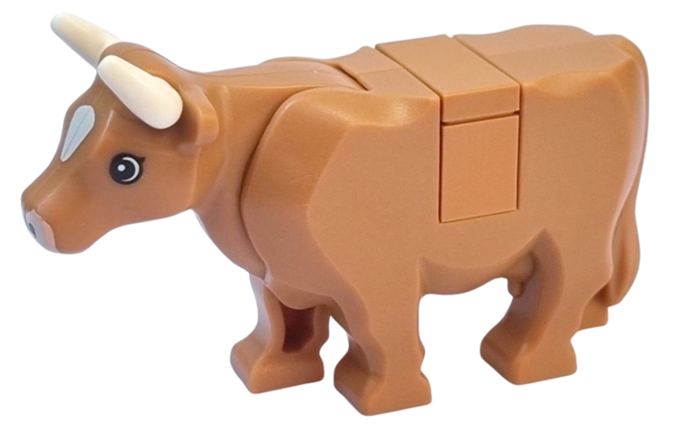 LEGO Cow with Light Nougat Muzzle and White Spot on Head Pattern with Short Horns (Tile on Top) piece