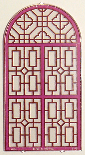 LEGO Glass for Door Frame 1 x 6 x 7 Rounded Pillars with Top Arch and Notches with Dark Pink Panes and Ornate Lines Pattern piece