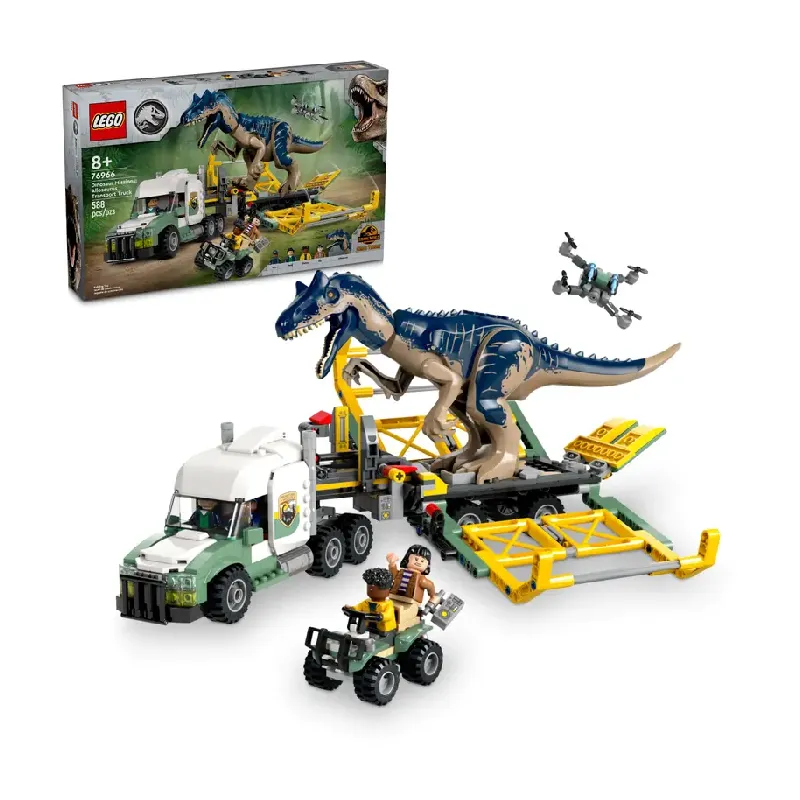 LEGO Jurassic World Dinosaur Dinosaur Missions: Allosaurus Transport Truck set and front of box